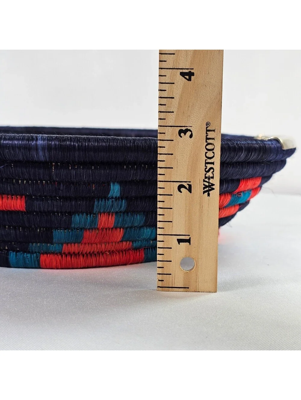 Handwoven Coiled Basket Bowl Navy Red Turquoise Geometric Decor Metal Handles